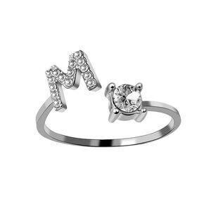 Letter M Adjustable One Size Silver Ring w. Rhinestones